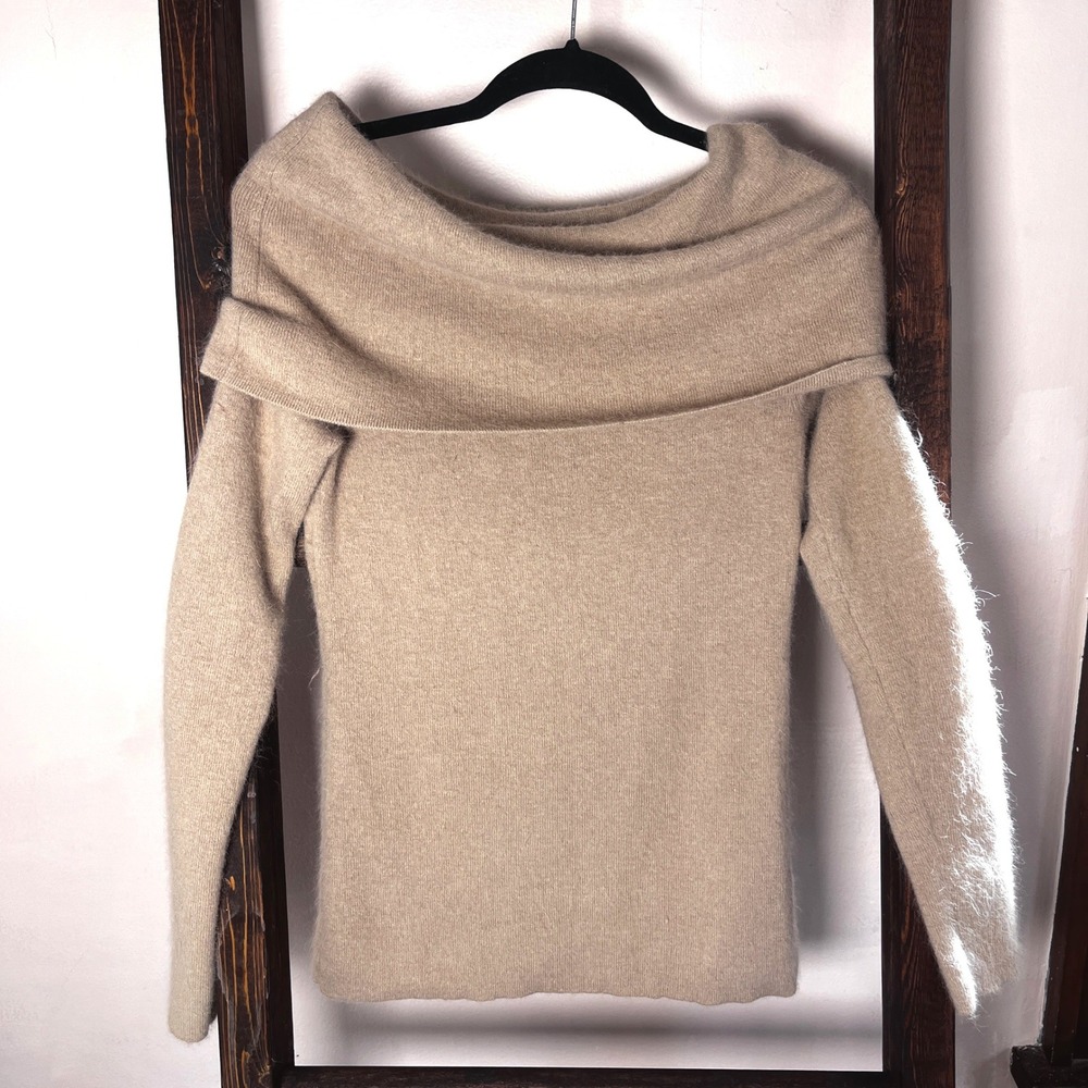 Alex Marie Tan Fuzzy Off the Shoulder Rabbit Hair Blend Sweater Small Old Money